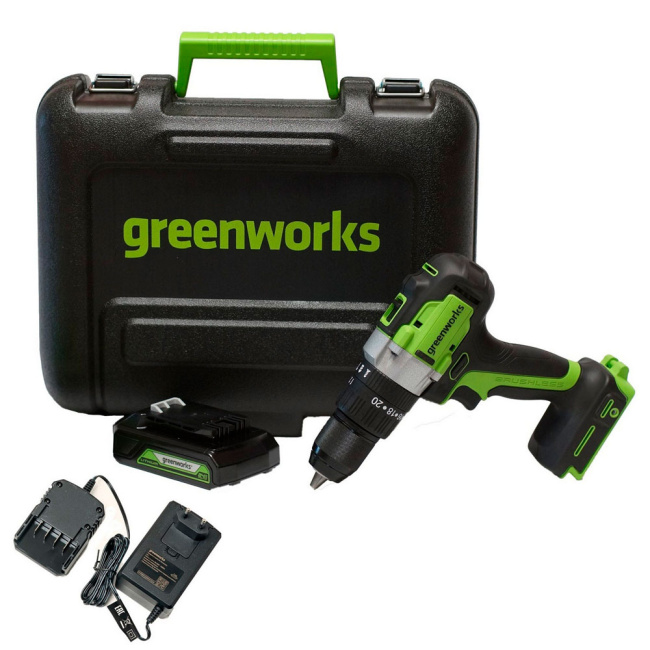 Дрель-шуруповерт ударная Greenworks GD24DD60K2 24V аккумуляторная, АКБ 2Ач и ЗУ, кейс