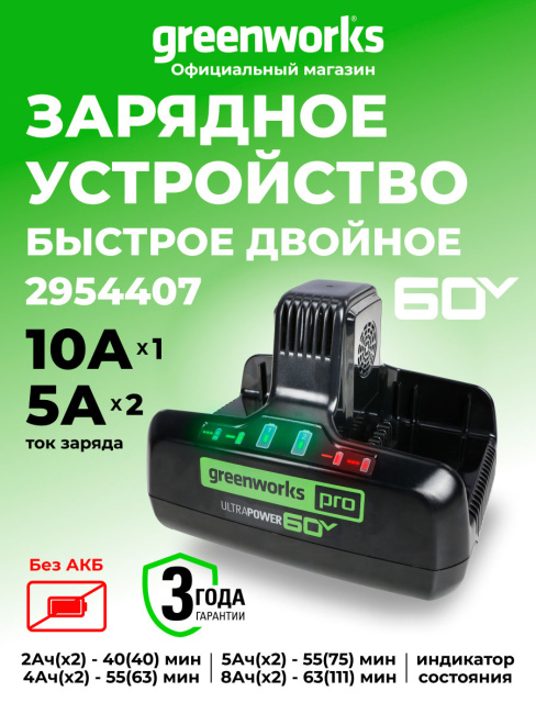 Зарядное устройство Greenworks G60DC10 60V для двух аккумуляторов