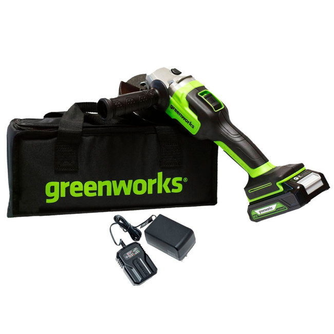 Шлифовальная машина угловая Greenworks GD24AGK2 24V аккумуляторная, АКБ 2Ач и ЗУ, сумка